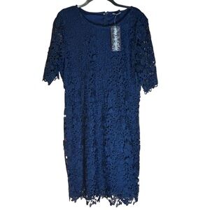 Nina Leonard Women’s Navy Floral Lace Sheath Dress XL NWT Wedding‎ Guest Formal
